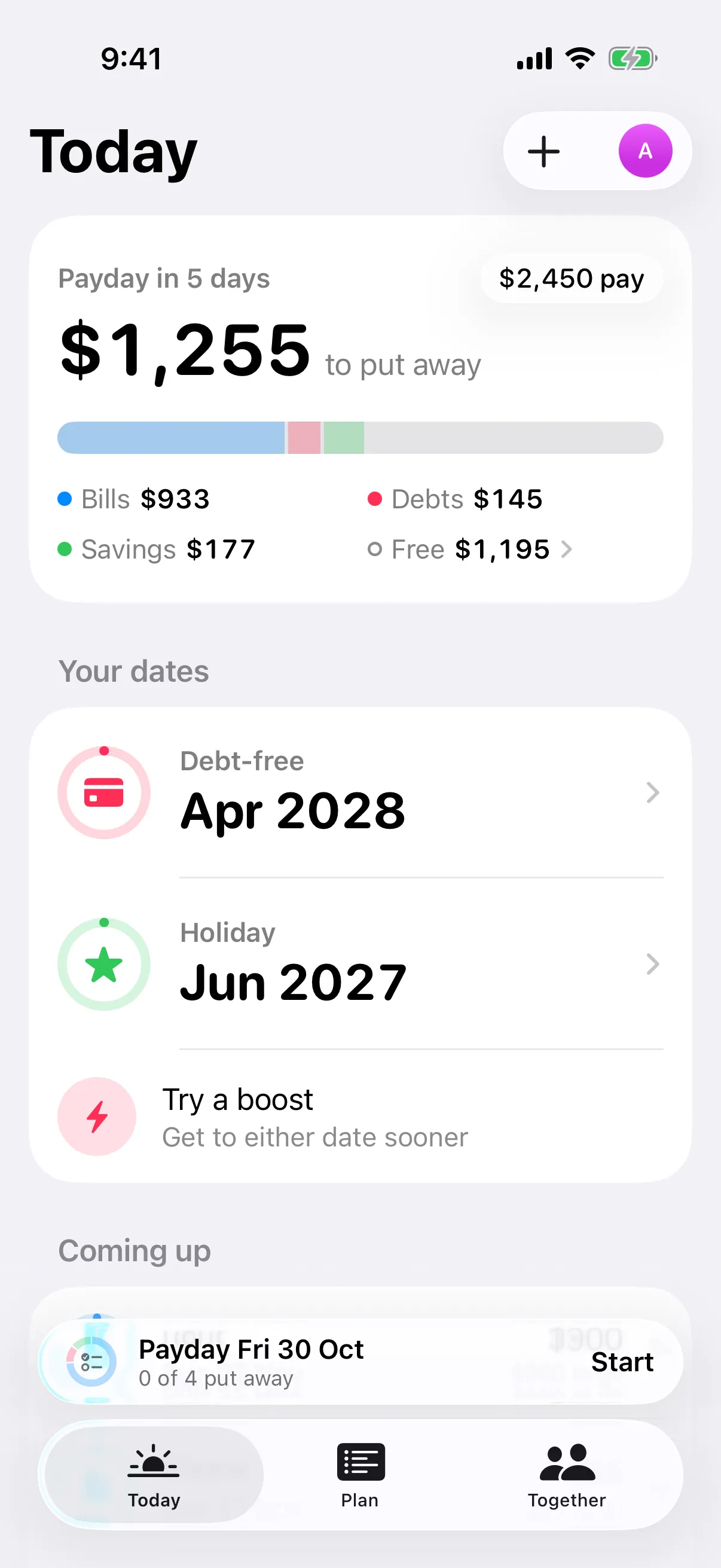 Tidy Sum's Today screen: $1,255 to put away this pay, split into bills, debts and savings.